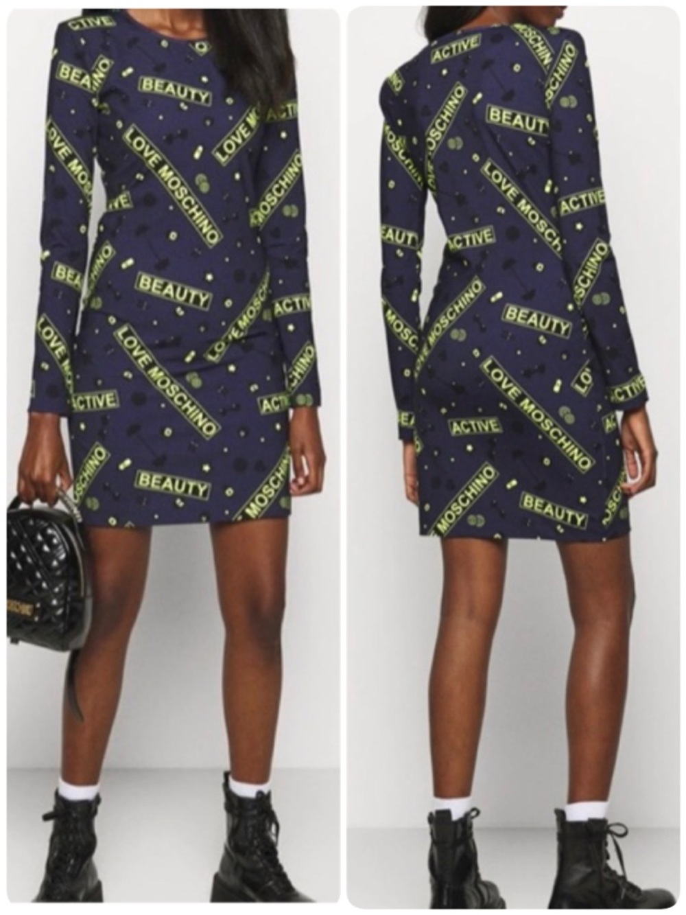 NWT New Love Moschino Gym Print Navy Mini Shift Dress Neon Yellow Logo Print 10